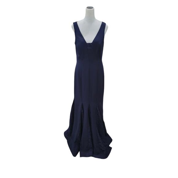 Eliza J Laguna Gown Women’s 4 Navy Blue Crepe Lace Inset Mermaid Trumpet‎ Dress - Picture 3 of 15
